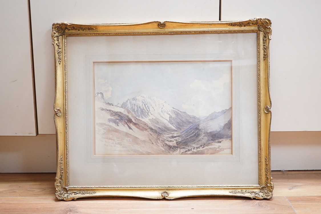 19th century School, 'Mont Blanc from the Col de Bulme', August 22, 1857, unsigned, watercolour, 24 x 36cm, ornate gilt frame